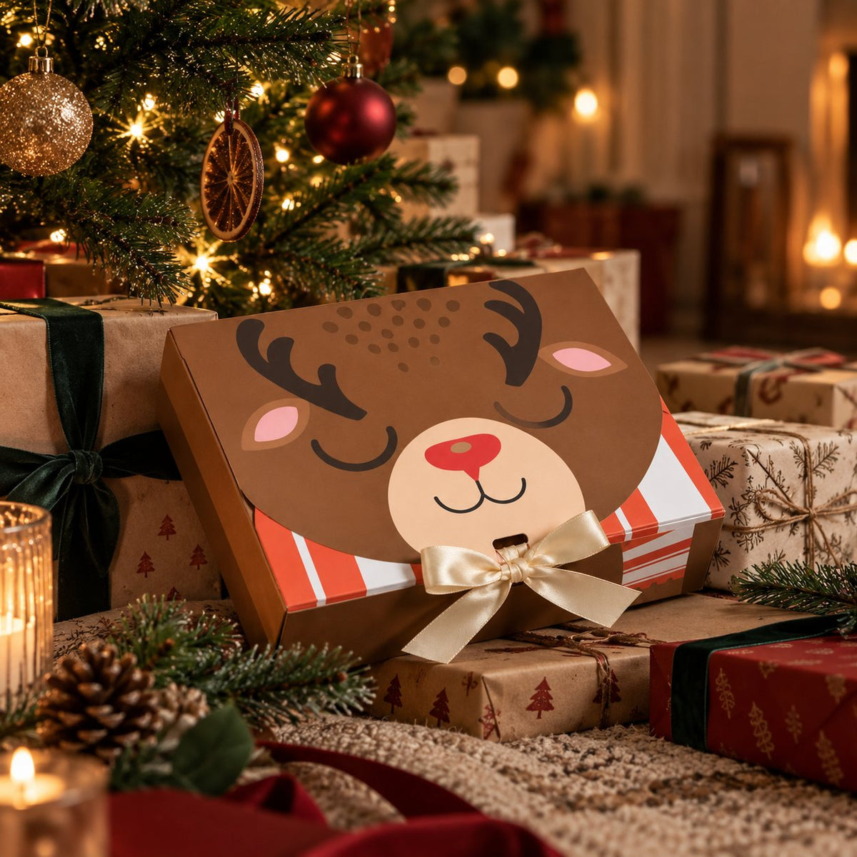 Presentbox med ren och rosett under julgranen