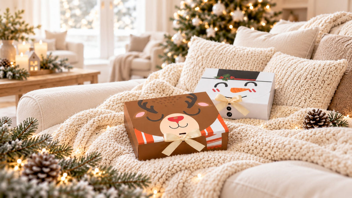 Presentboxar med ren och snögubbe i en mysig soffa med julbelysning