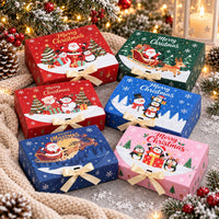 Sex julpresentboxar med Merry Christmas-motiv i rött, grönt, blått, rosa och marinblått